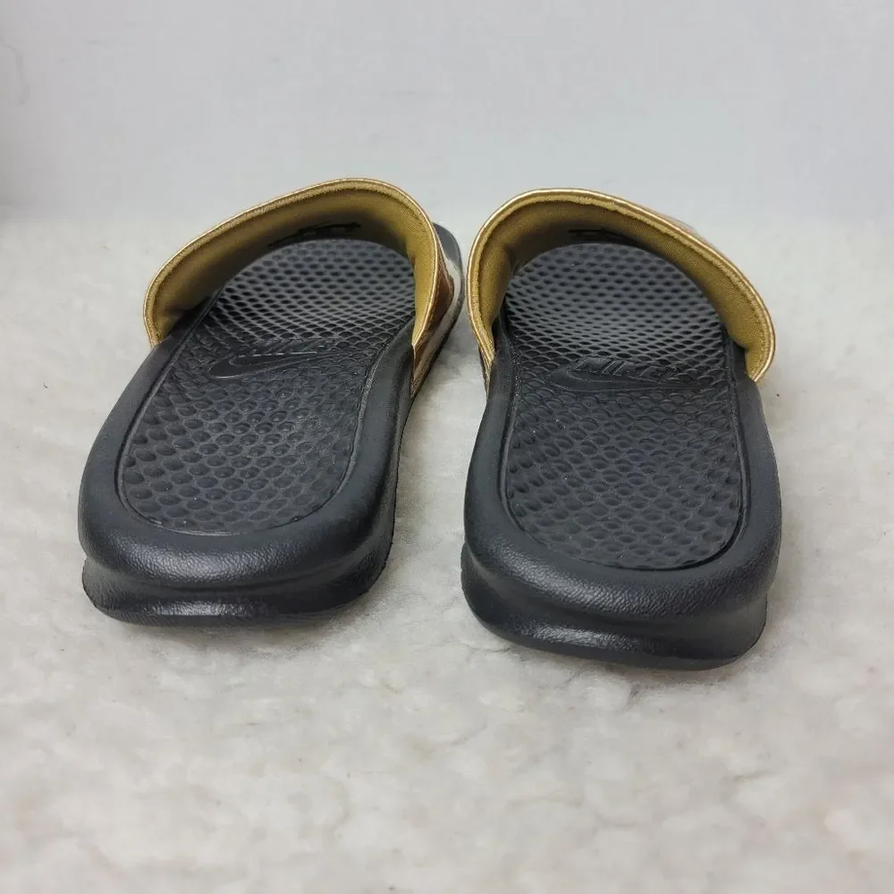 Nike Benassi Women's Slide Size 6 Sandals Black Gold Print Casual Shoes